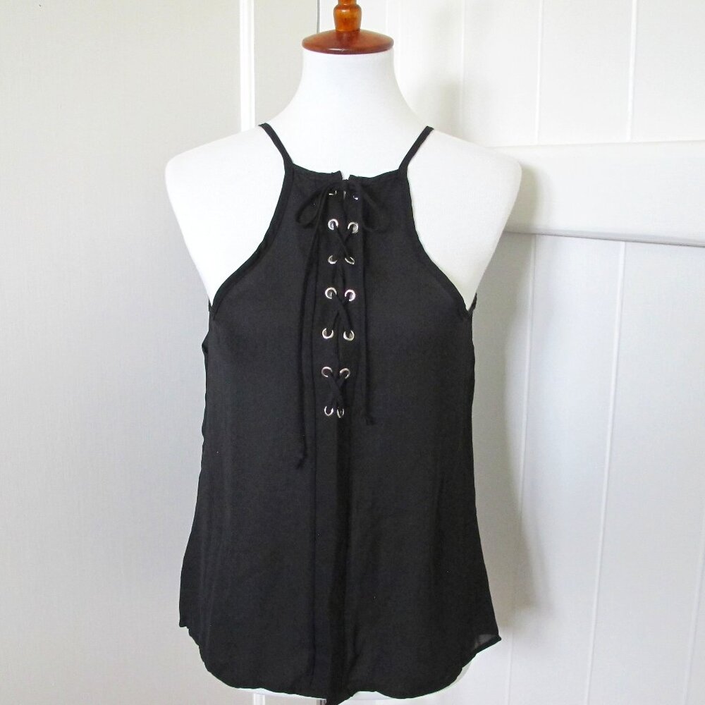 Chocolate | Black High Neck Drawstring Open Front Skinny Strap